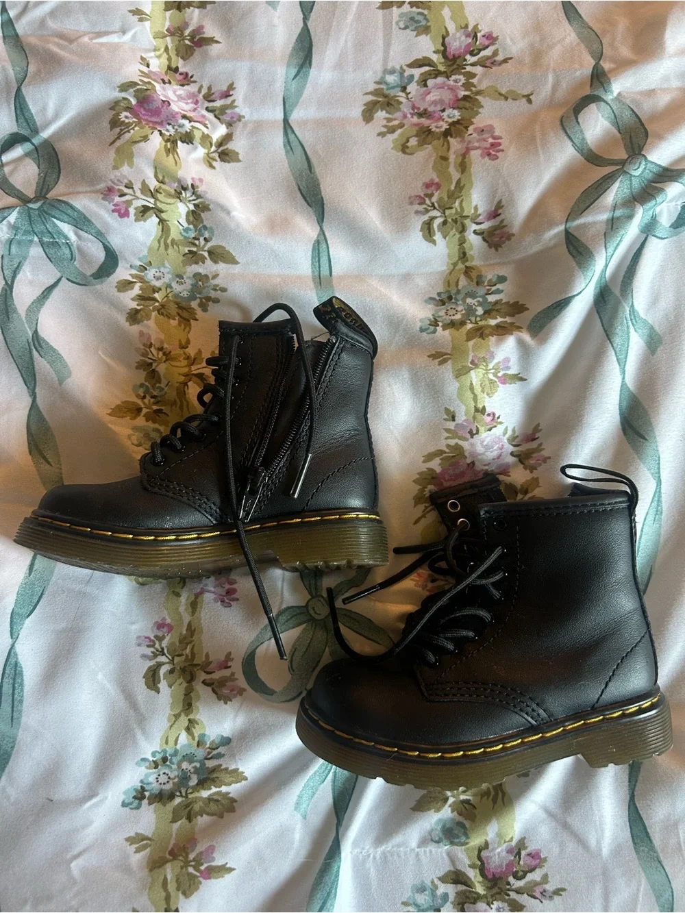 Toddler Black Doc Marten Combat Boots with Yellow Welt Stitching